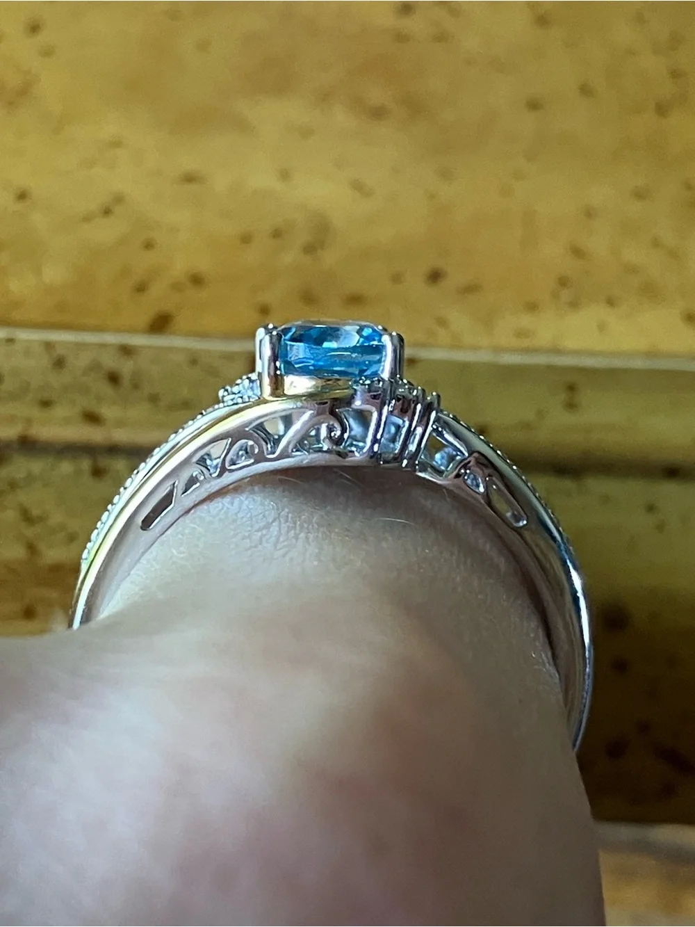 Swiss Blue Topaz White Diamond Ring Size 9